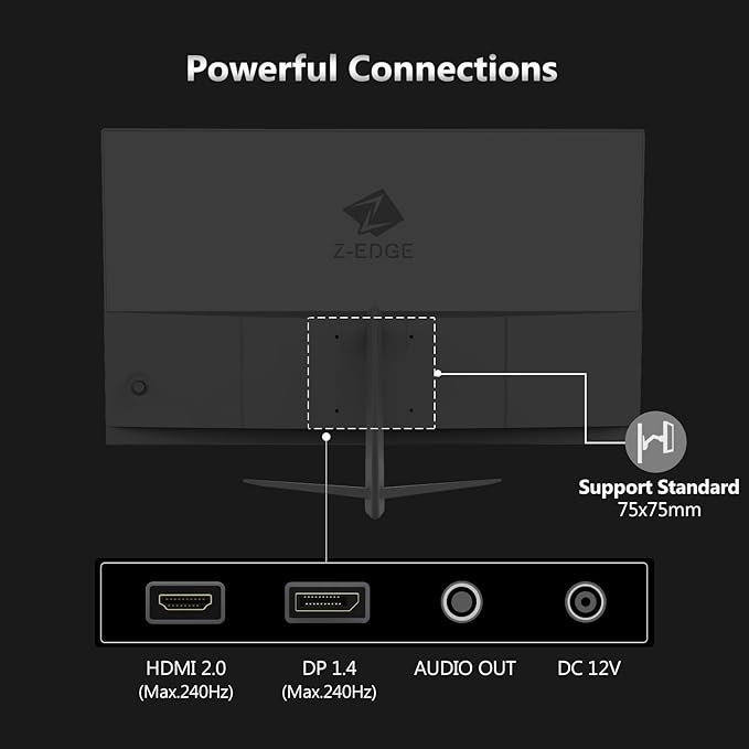 Z-Edge 24 inch 240Hz 165Hz Gaming Monitor, FHD 1080p, MPRT 1ms, IPS Monitor Gaming, 350nits, 16.7M Colors, 99% sRGB, UG24PJ Frameless Bezel, DP x1, HDMI x1(Black)