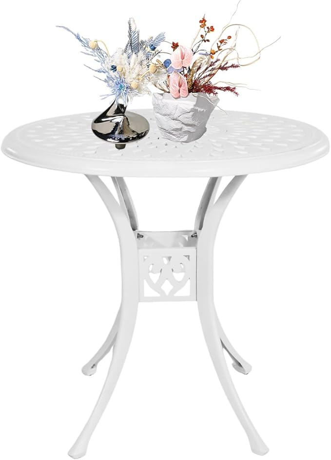 30.7" Cast Aluminum Round Patio Table,Metal Patio Dining Table with Umbrella Hole,All Weather Outdoor Bistro Dining Table for Backyard, Garden, Balcony, White