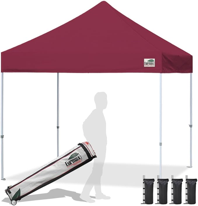 Eurmax USA Standard 10x10ft Patio Pop Up Canopy Tent for Outdoor Events Commercial Instant Canopies with Heavy Duty Roller Bag,Bonus 4 Canopy Sand Bags (Burgundy)