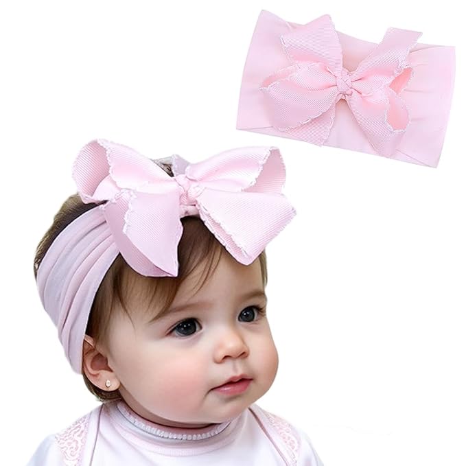 Baby Girl Soft Nylon Bow Elastic Headband Turban Toddler Infant Bow-knot Stretchy Hair Band Birthday Party Hair Bow Ribbon Accessories for Newborn Baby (Bow 1 - Pink, Elastic)