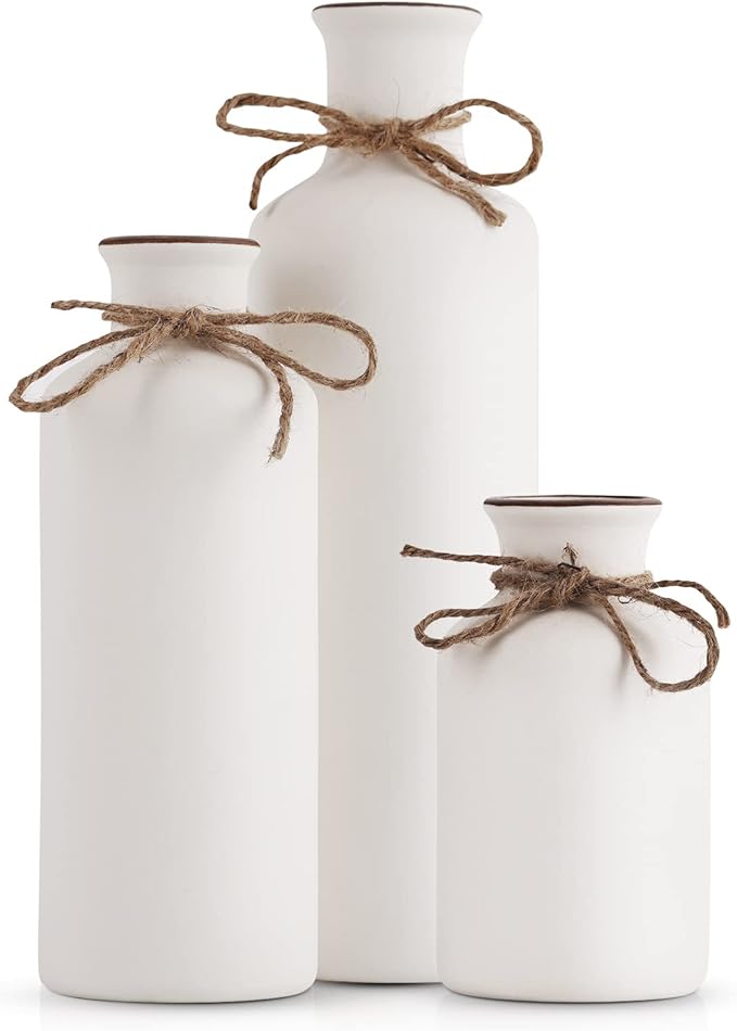 White Ceramic Vase Set - 3 Small Vases, Minimalist Decor Boho Vases, Modern Farmhouse Home Décor Accents, Living Room Centerpieces for Home Décor Room,Entryway, Bookshelf, Mantel, Shelf Décor