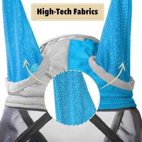 Harrison Howard Pro Luminous Horse Fly Mask Long Nose with Ears UV Protection for Horse Azure Blue/Silver Medium Cob