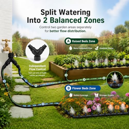 5/16" Drip Irrigation System 100 ft for with 20-Pcs 360° Adjustable Copper Nozzles for Garden, Automatic Misting Watering Sprinkler System Raised Beds, Greenhouse (100ft+20 nozzles)