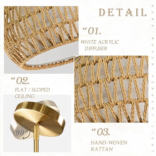 23 inch Natural 5 Light Rattan Chandelier Rattan Farmhouse Light Fixture Woven Pendant Lights Fabric Shade Boho Chandelier for Kitchen Dinning Room - color: 23"-Natural-Drum