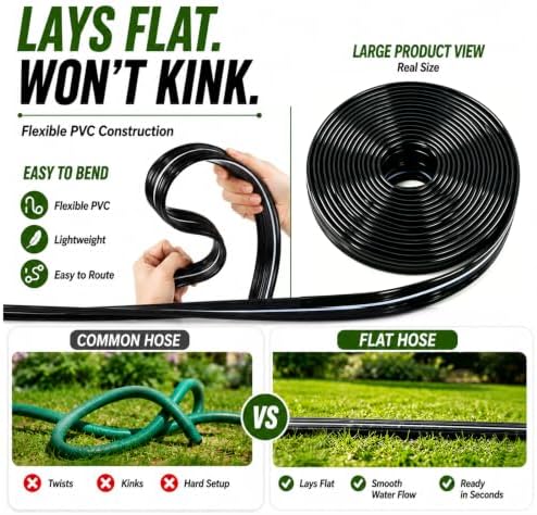 2-Pack Sprinkler Hose with Holes 15 Ft, Flat Soaker Hose 30 ft with Garden Staples, Drip Irrigation Hoses for Lawn, Watering Hose System (Black, 30 ft(15ftx2pack))