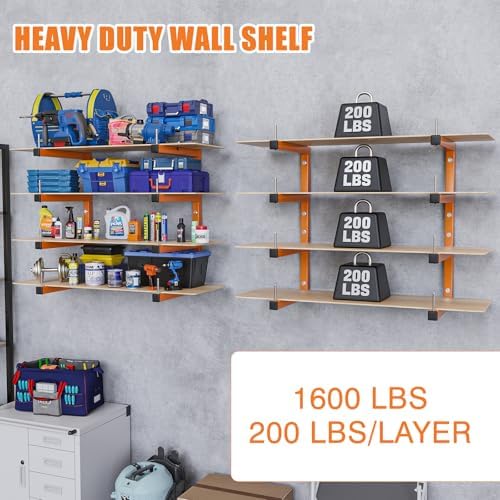 4-Pack Lumber Storage Rack, Wood Storage Racks Wall Mount, Heavy Duty Garage Wood Organizer With 8-Level System, Orange Utility Rack Organization Up 1600 Lbs, Metal Lumber Shelf for Indoor & Outdoor