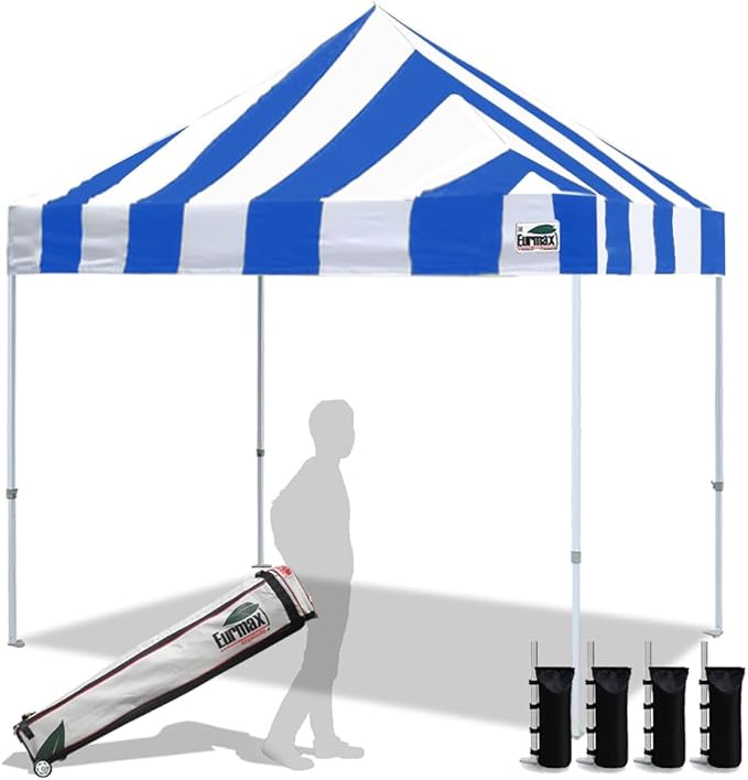 Eurmax USA Standard 10x10ft Patio Pop Up Canopy Tent for Outdoor Events Commercial Instant Canopies with Heavy Duty Roller Bag,Bonus 4 Canopy Sand Bags (Stripe Blue)