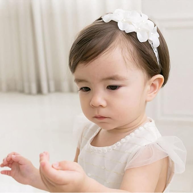Baby Girl Headband White Lace Hairband Elastics Flower Head Wrap Hair Accessories Gift for Newborn Infant Toddlers Kids Baptism Shower Gift Birthday Wedding Party (Style 9)