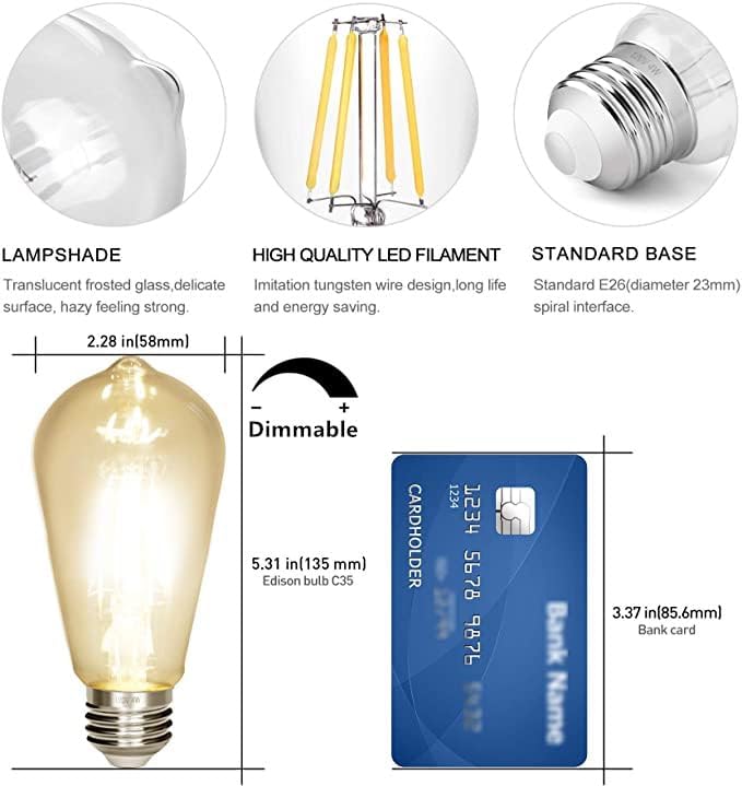 Dimmable Vintage Edison Bulb 4W,Equivalent 40W Incandescent,ST18 Antique LED Filament Bulbs,2700K Warm White 450 Lumens,E26 Led Bulb,Pack of 6