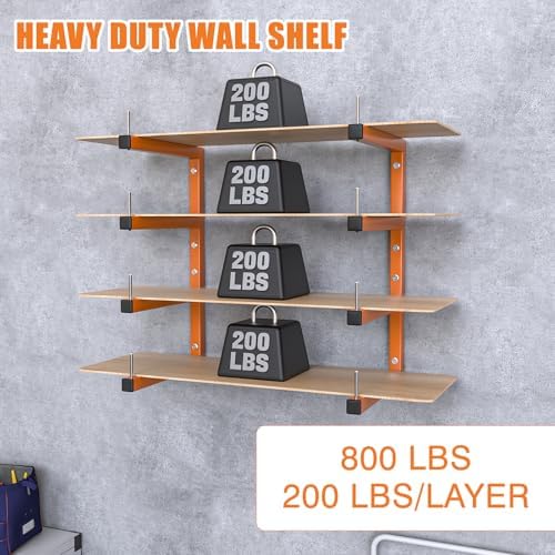 2-Pack Lumber Storage Rack, Wood Storage Racks Wall Mount, Heavy Duty Garage Wood Organizer With 4-Level System, Orange Utility Rack Organization Up 800 Lbs, Metal Lumber Shelf for Indoor and Outdoor