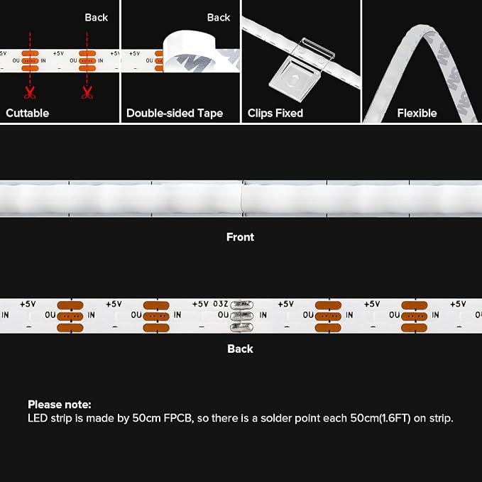 BTF-LIGHTING FCOB COB XGB1338(WS2812B) IC RGB 160LED/m 160IC LED Strip DC5V 3.2FT Individual Addressable Flexible High Density Uniform Light Dream Chasing Color 0.19in Width(NO Adapter or Controller)