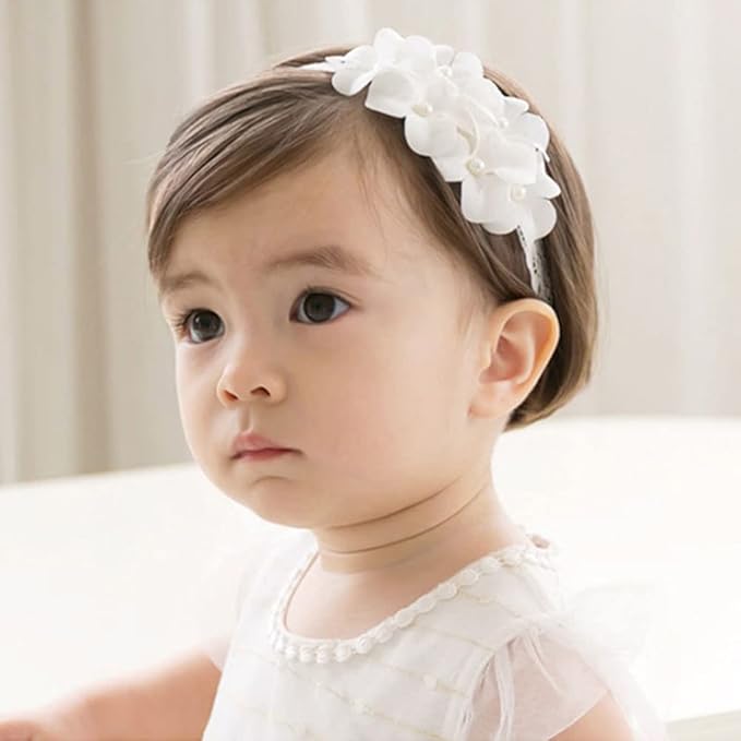 Baby Girl Headband White Lace Hairband Elastics Flower Head Wrap Hair Accessories Gift for Newborn Infant Toddlers Kids Baptism Shower Gift Birthday Wedding Party (Style 9)