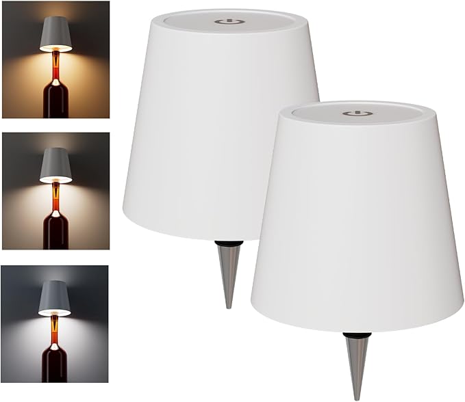 2 Pack Wireless Bottle Lamp Shade - Portable LED Wine Bottle Lamp with Stopper, 3 Color Stepless Dimming Rechargeable Touch Wine Bottle Lights for Any Liquor Bottle Bars Restaurants-White