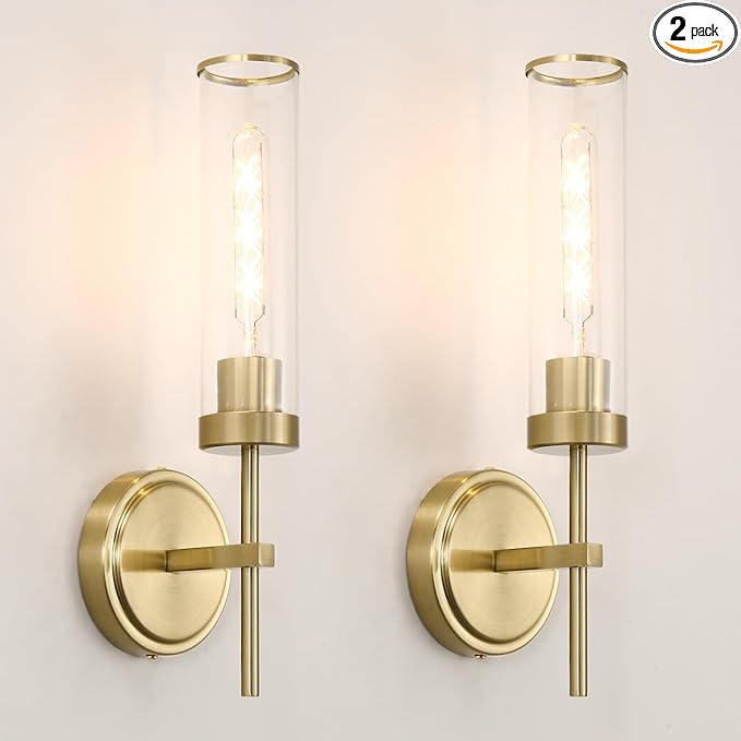 Gold Bathroom Wall Sconces Set of 2, Modern Wall Sconces Set of Two Hardwired, Bathroom Vanity Light Fixtures with Clear Glass, Gold Wall Mounted Lights for Living Room Corridor Mirror Bedroom Stairs
