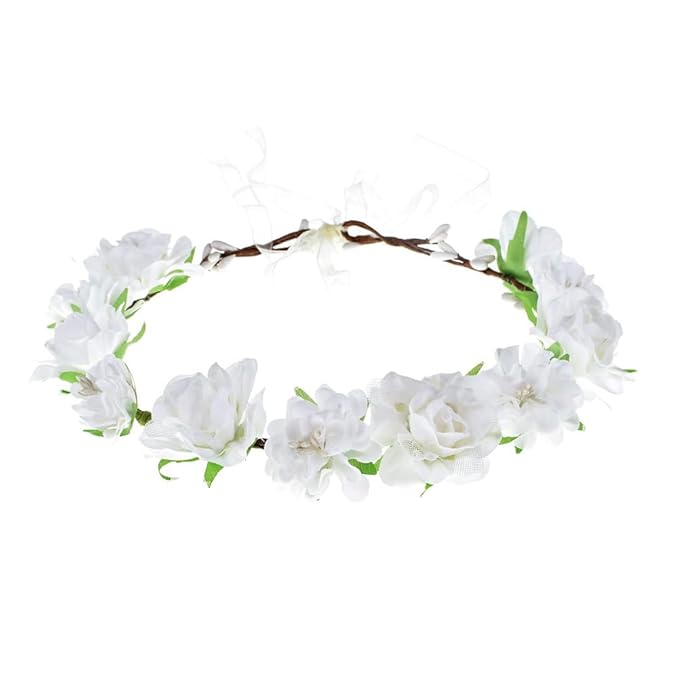 AKOAK 1 Pack Flower Crown, Bohemian Wreath for Girls Floral Tiara, Wedding Headband, Bride Bohemian Wreath/Baby Shower/Photo/Toddler (White)