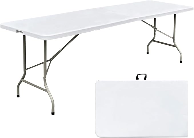 8 Foot Folding Table 96 inch Heavy Duty 8ft Plastic Portable Foldable Table with Handle Indoor Outdoor White 8' Dining Table for Picnic, Party and Camping