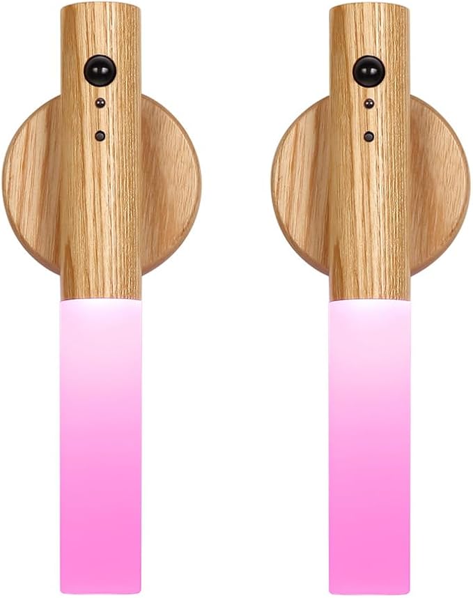 LANDGOO RGB Motion Sensor Night Light, Color Changing Atmosphere Lamp, Battery Powered Rechargeable LED Wood Wall Sconce for Home Party Lighting (RGB Ash Wood 2PCS)