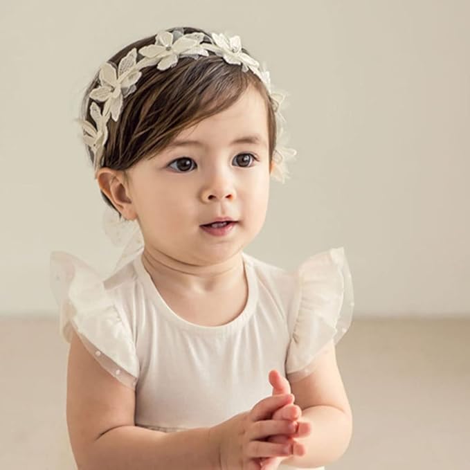 Baby Girl Headband White Lace Hairband Elastics Flower Head Wrap Hair Accessories Gift for Newborn Infant Toddlers Kids Baptism Shower Gift Birthday Wedding Party (Style 1)