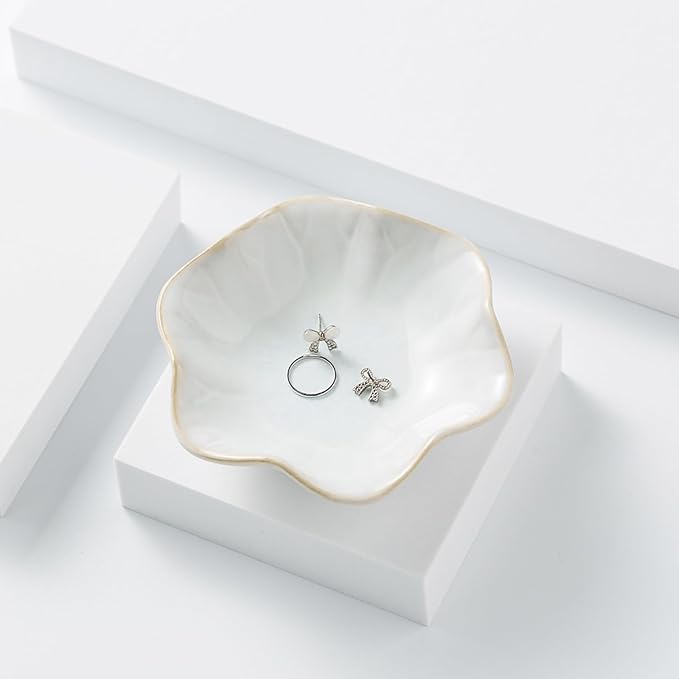 2Pcs Ceramic Jewelry Dish, Lotus Leaf Shape Ring Holder Necklace Dish, Small Key Ring Dish, Suitable for Mother Friend Sister, Gifts for Women, Home Decor Trinket Tray (White)