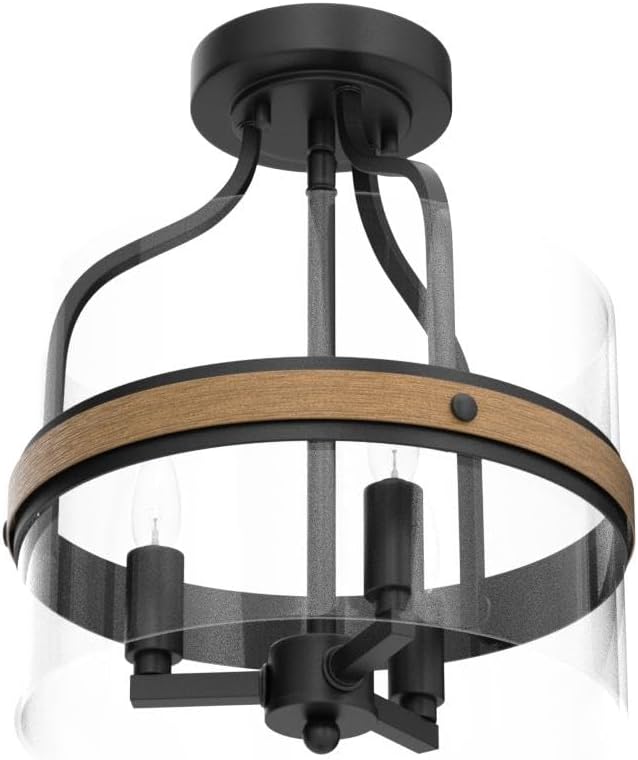 LALUZ Faux Wood Ring Ceiling Light Fixture, Modern Semi Flush Mount Ceiling Light, Farmhouse Drum Chandelier, 3 Lights, for Bathroom, Bedroom, Kitchen, Living Room, Dining Room