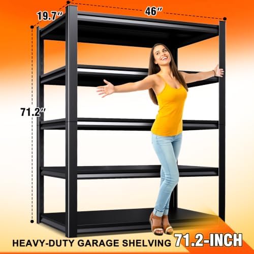 2 Pack Storage Shelves, Garage Shelving,Adjustable Garage Shelves,Heavy Duty Metal Shelving, 5 Tier Wood Utility Steel Shelf, Easy-to-Install Shelving Units and Storage 71.2''x46''x19.7