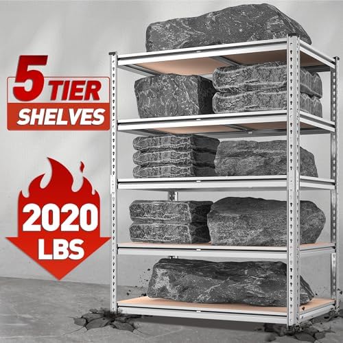 REIBII 2020LBS Garage Shelving Heavy Duty Metal Shelving 5 Tier Storage Shelves, Garage Shelves for Basement, Warehouse, Pantry, Closet, Kitchen, 72" H x 36" W x 16" D, Galvanized, 2 Pack