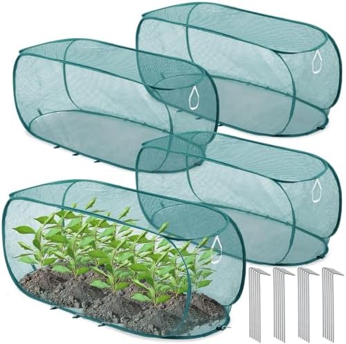 Threehoney 4 Pcs 39" x 18" x 16" Pop up Garden Mesh Plant Cover Outdoor Plant Protector Garden Row Raised Bed Cover with Ground Nails Crop Cage Net for Seedlings Vegetable Fruit Herbs (Dark Green)