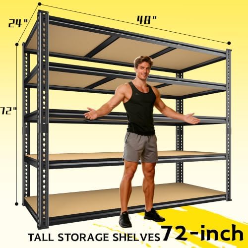 ROOMFAVE 48" W Garage Shelving Heavy Duty 3080LBS,5 Tier,Black, Industrial