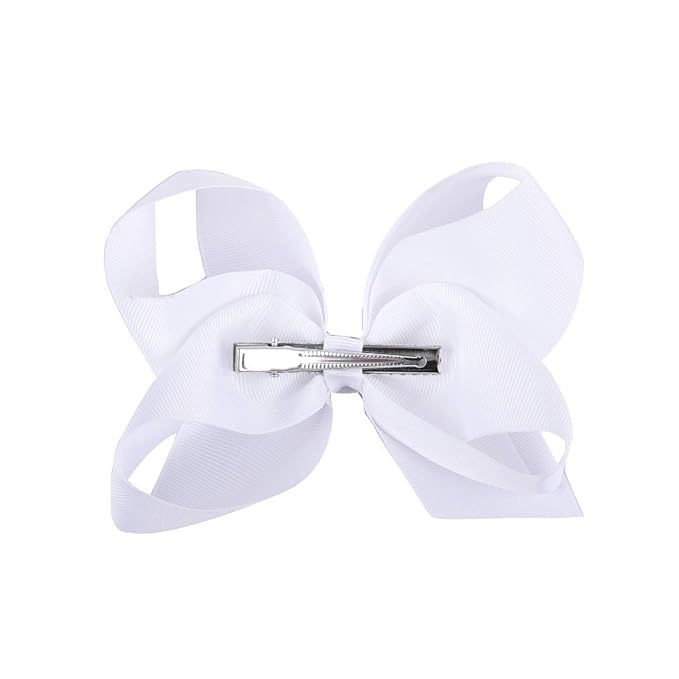 DEEKA 12 PCS 6" Big Hand-made Grosgrain Ribbon Hair Bow Alligator Clips Hair Accessories for Little Teen Toddler Girls - White