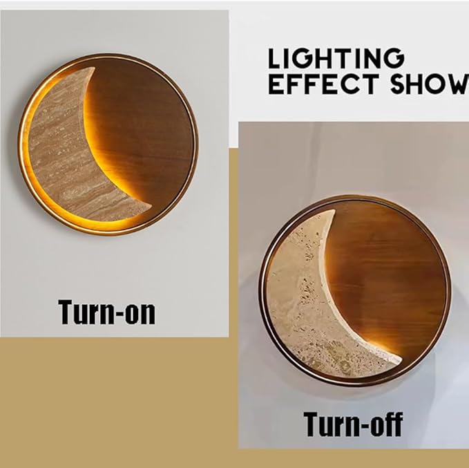 14.1 Inch Round Wood Wall Light, Industrial Style Natural Yellow Travertine Wall Lamp, Hardwired Interior Wall Sconces, Bedroom Living Room Wall Mounted Lighting Fixtures