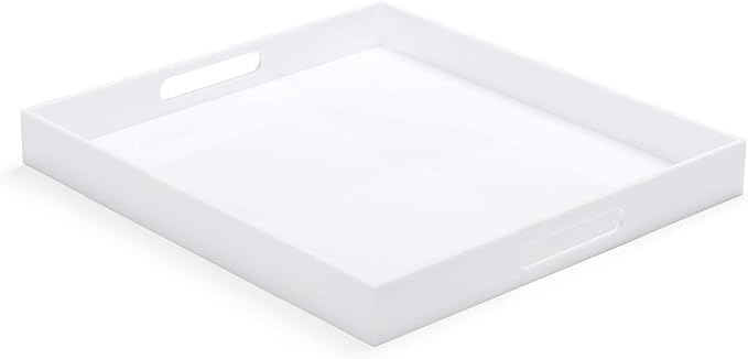 White Acrylic Ottoman Tray with Cutout Handles 24x24 Inch Over-Sized Serving Tray Rubber Boot Organizer Decorative Tray for Living Room, Bedroom,Bathroom Entryway and Kitchen Tabletop