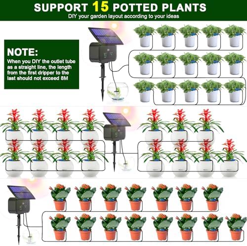 LCD Display Solar Drip Irrigation System Kit, 30 Working Modes & 10 Watering Interval Solar Powered Drip Irrigation Kit Supports 15 Potted Plants, 2200mAh Automatic Watering System for Garden