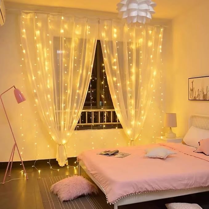 200 LED Warm White Curtain Light for Party/Wedding/Festival/Christmas,Window Blinking String Light for Bedroom/Living Room,USB Plug with 8 Modes(Battery not Included)