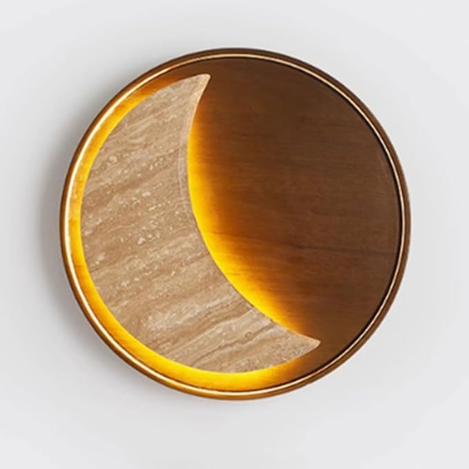 14.1 Inch Round Wood Wall Light, Industrial Style Natural Yellow Travertine Wall Lamp, Hardwired Interior Wall Sconces, Bedroom Living Room Wall Mounted Lighting Fixtures