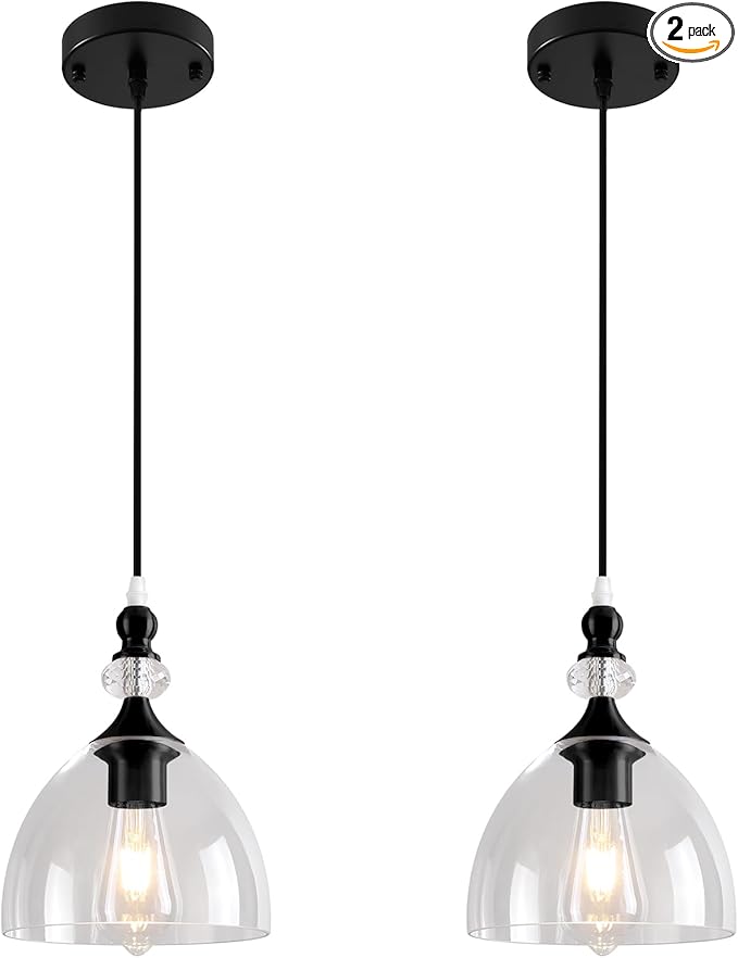 Pendant Ligh for Dining Room, Brushed Gold Pendant Light Kitchen Island, Modern Pendant Lights with Glass Shade for Living Room, Foyer, Bedroom, Hallway, Black/Clear, 2 Pack