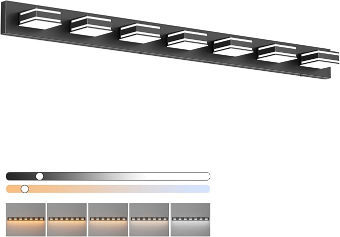 Ralbay 55inch Black Vanity Light 5 Color Temperatures (3000K-6000K) Dimmable Metal Acrylic LED Modern Matte Black Bathroom Wall Lighting for Mirror (7-Light)