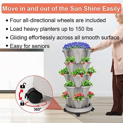 DUNCHATY Stackable Planter, Vertical Garden Planter with Wheels and Garden Tools, Strawberry Planter Indoor/Outdoor 5 Tier Herb Planter Pots for Growing Vegetables and Succulents,Gray