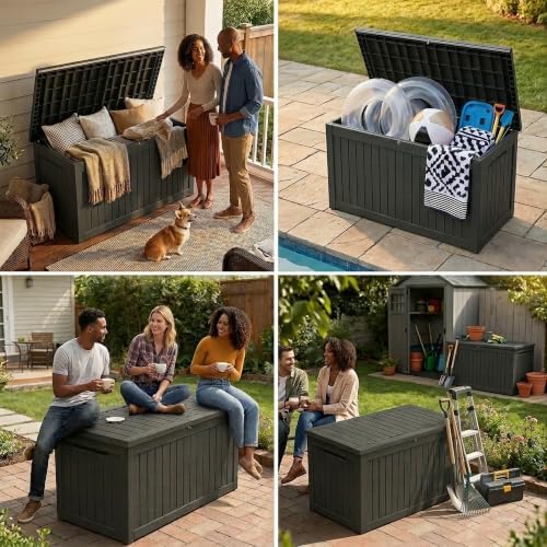 270 Gallon Lockable Resin Outdoor Storage Box, Waterproof & Weather Resistant Deck Box for Patio Cushion, Garden Tools & Accessories, Black New