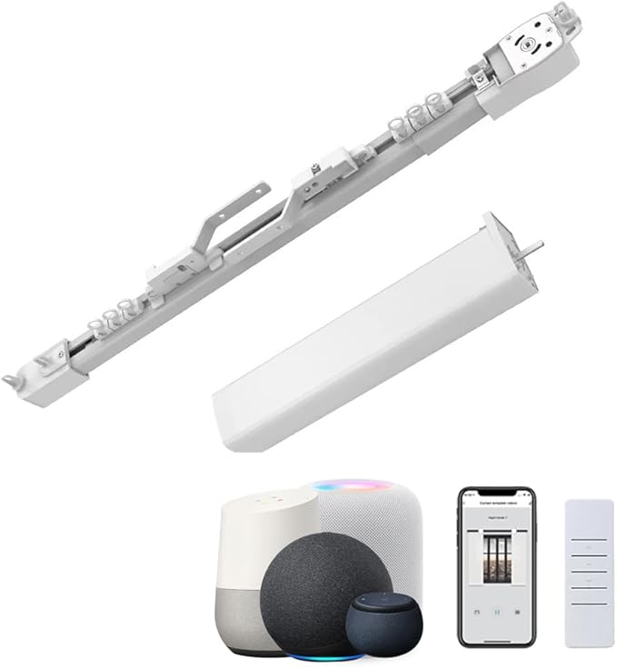 Matter over WiFi Smart Curtain Motor with Retractable Track, 2.5N.m High Torque Automatic Drapery Opener, Compatible with HomeKit, Alexa, Google Home (2.8-5.2 meters (110.2-204.7 inches) Adjustable)