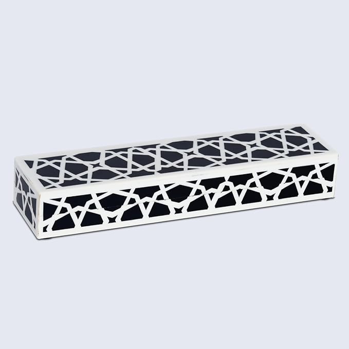 Handicrafts Home Decorative Storage Box with Lid, Black and White Moroccan Zellij Pattern Remote Holder, Slim Coffee Table Box, Geometric Lattice Box for Shelf & Desk Decor, Zellij 10 x 2.5 x 1.5