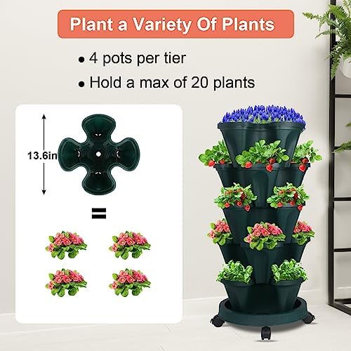 DUNCHATY Stackable Vertical Garden Planter with Wheels, 5 Tier Herb Planter Pots for Growing Vegetables and Succulents, Pine Green