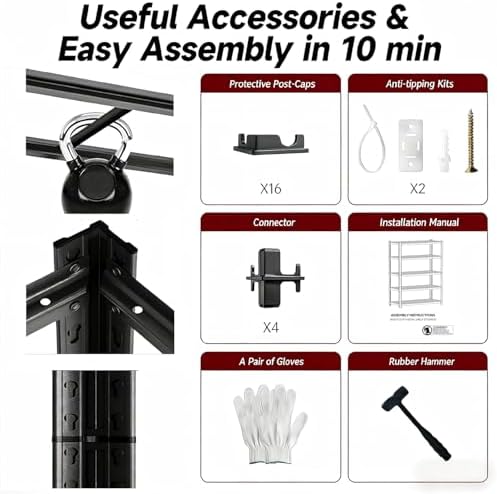 72" H×35.12" W×16" D Adjustable Industrial Metal/Steel 5-Shelf-Storage-Rack Heave Duty Utility Tall Garage/Shed Shelving Shelves Unit/System for Kitchen Pantry Bin, Black