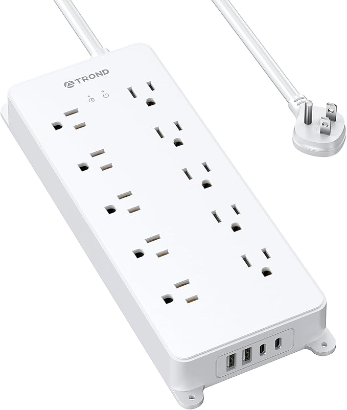 TROND Surge Protector Power Strip, 4000J, ETL Listed, 10 Widely Spaced Outlets, 2 USB C and 2 USB A Ports, Flat Plug 5ft Extension Cord, Wall Mountable, Under Desk Power Strip for Home Office, White