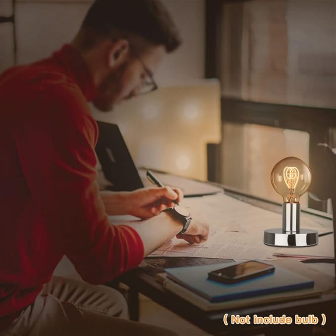 Helunsi Industrial Table Lamp Base, Silver E26 E27 Lamp Base Without Shade, Mini Short Desk Lamp Exposed Bulb Base, Simple Metal Edison Light Bulb Stand, with 5.8ft Cord Switch Plug Bulb Base Holder