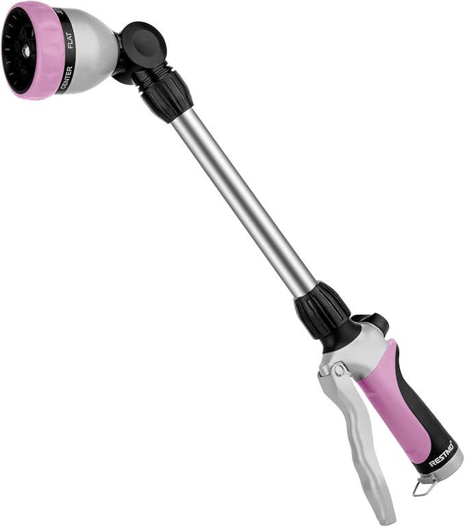 RESTMO Metal Watering Wand, Heavy Duty Garden Hose Wand with 180° Swivel Ratcheting Head, 16'' Hose Nozzle Sprayer with 7 Spray Patterns and Flow Control, for Water Hanging Baskets and Shrubs, Pink