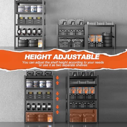 Metal Garage Shelving Unit, Heavy Duty Adjustable Industrial Storage Shelves, Steel Storage Rack for Garage, Warehouse, Basement, Black, 72" H x 47.2" W x 23.6" D, 1 Pack