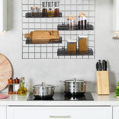 4 Pcs Black Metal Grid Wall Baskets with Hooks Hanging Wire Mesh Basket for Gridwall Wall Mounted Storage Organizer for Home Kitchen Organizing Display - size: Large
