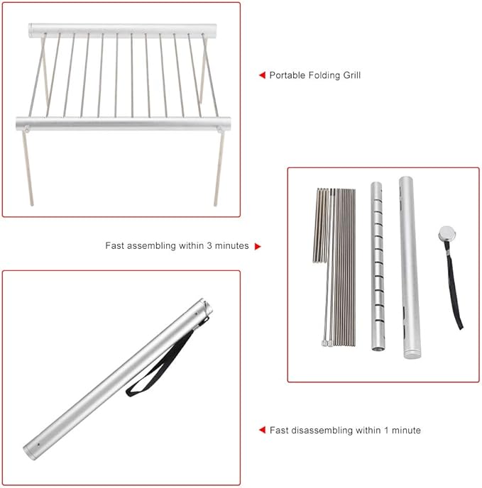 Acouto Portable Camping Grill Stainless Steel Folding BBQ Tube Backpackers Compact Charcoal Grill Picnics Backpacking -, Lawn & Garden