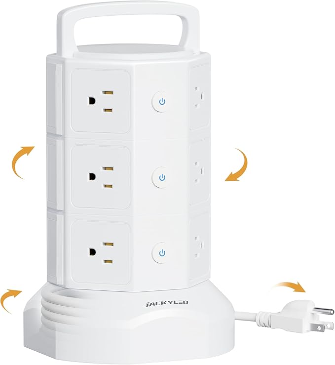 Power Strip Tower Surge Protector, JACKYLED 12 Outlets 6 USB (2 USB C) Charging Station, Extension Cord with Multiple Outlets, 1050J 1625W/13A Outlet Extender 6.5ft Extension Cord for Home Office
