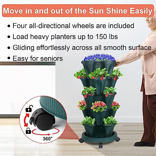 DUNCHATY Stackable Vertical Garden Planter with Wheels, 5 Tier Herb Planter Pots for Growing Vegetables and Succulents, Pine Green